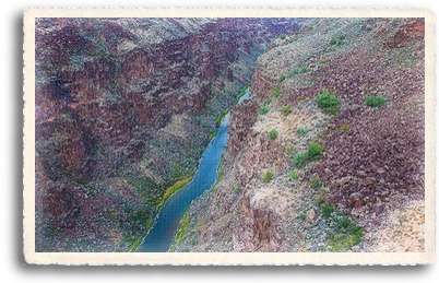 The Rio Grande Gorge near Taos, New Mexico is a dramatic geological rift, with the river running at the base of 800' cliffs.